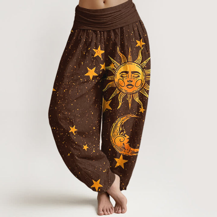 Buddha Stones Pantalones harem de algodón con estampado de estrellas y sol dorado para mujer, con cintura elástica. - Marrón silla de montar - US16，UK/AU20，EU48 (3XL) - image 8