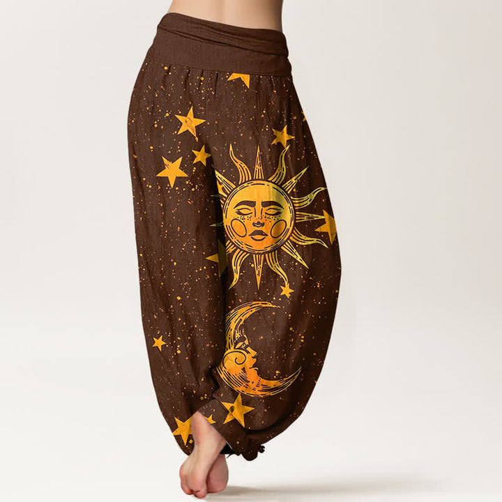 Buddha Stones Pantalones harem de algodón con estampado de estrellas y sol dorado para mujer, con cintura elástica. - image 10