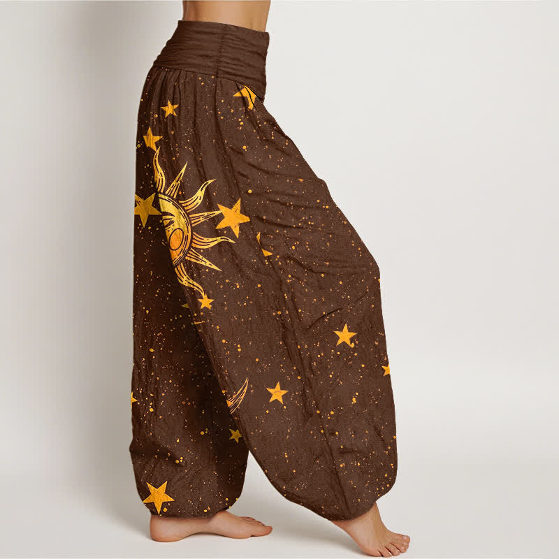 Buddha Stones Pantalones harem de algodón con estampado de estrellas y sol dorado para mujer, con cintura elástica. - image 9