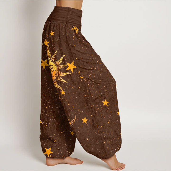Buddha Stones Pantalones harem de algodón con estampado de estrellas y sol dorado para mujer, con cintura elástica. - image 9
