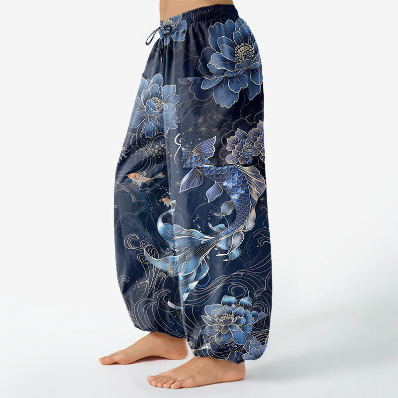 Buddha Stones Pantalones harem de algodón con estampado artístico de carpas koi y peonías para mujer, cintura elástica y bolsillos laterales. - image 1