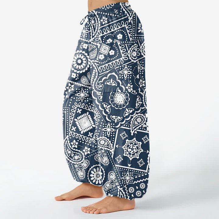 Buddha Stones Pantalones harem de algodón con estampado bohemio de cachemir y bandana para mujer, cintura elástica y bolsillos laterales. - image 8