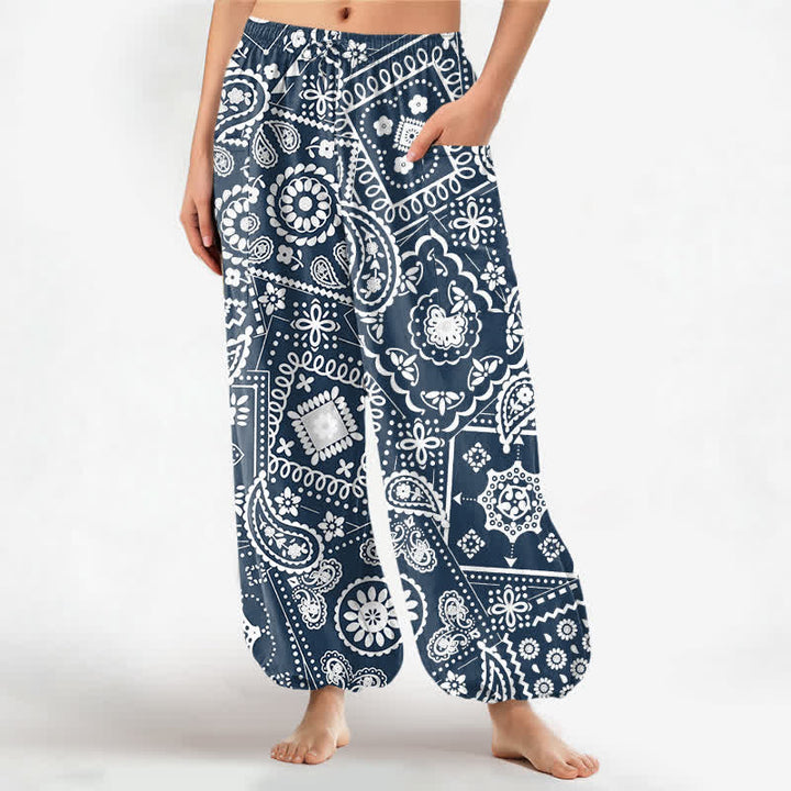 Buddha Stones Pantalones harem de algodón con estampado bohemio de cachemir y bandana para mujer, cintura elástica y bolsillos laterales. - Marina de guerra - US16，UK/AU20，EU48 (3XL) - image 7