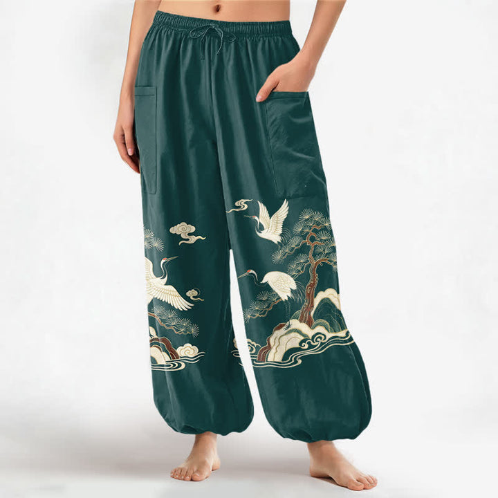 Buddha Stones Pantalones harem de algodón con estampado de grullas orientales y pinos para mujer, con cintura elástica y bolsillos laterales. - Verde azulado - US16，UK/AU20，EU48 (3XL) - image 0