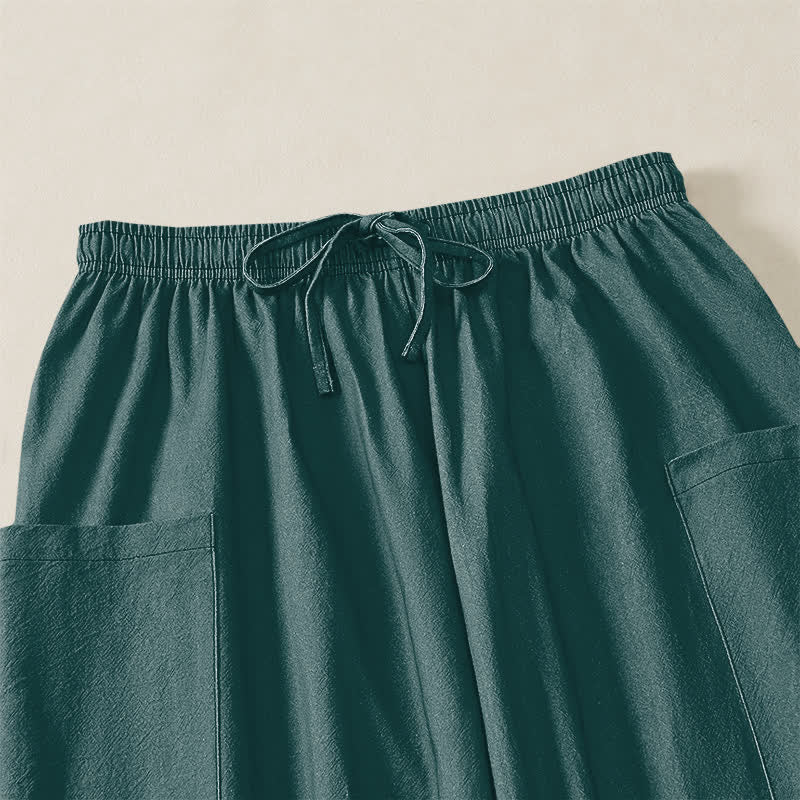 Buddha Stones Pantalones harem de algodón con estampado de grullas orientales y pinos para mujer, con cintura elástica y bolsillos laterales. - image 5
