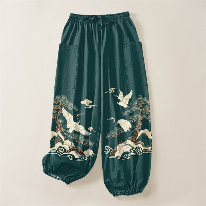 Buddha Stones Pantalones harem de algodón con estampado de grullas orientales y pinos para mujer, con cintura elástica y bolsillos laterales. - image 3
