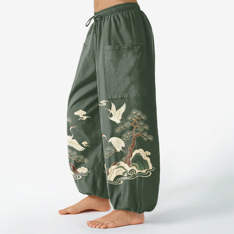 Buddha Stones Pantalones harem de algodón con estampado de grullas orientales y pinos para mujer, con cintura elástica y bolsillos laterales. - image 8