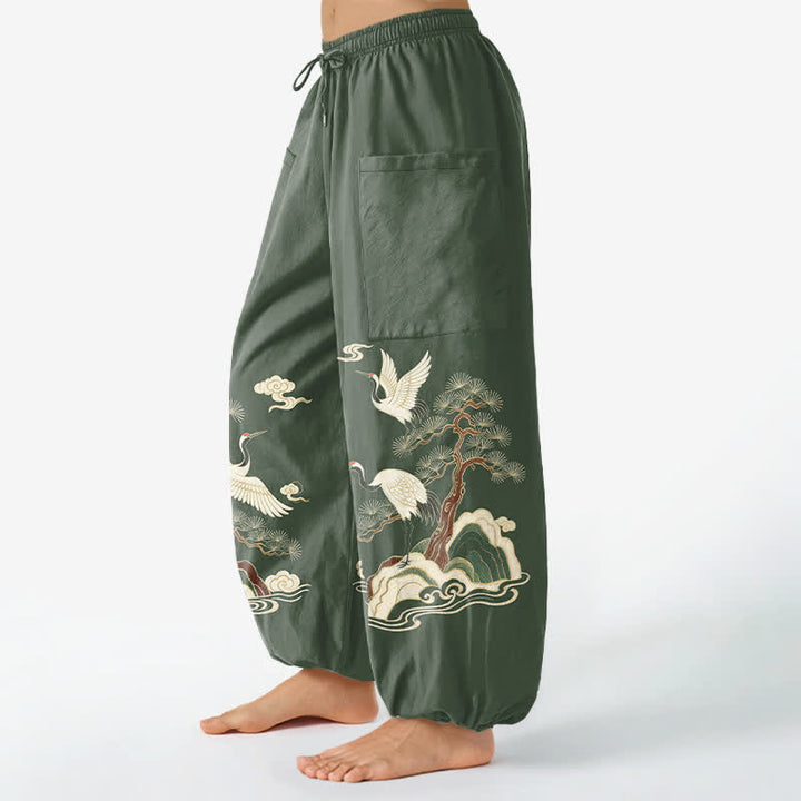 Buddha Stones Pantalones harem de algodón con estampado de grullas orientales y pinos para mujer, con cintura elástica y bolsillos laterales. - image 8