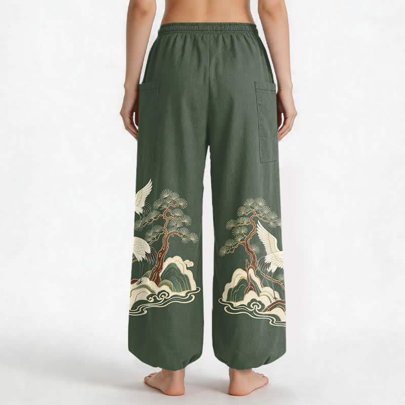 Buddha Stones Pantalones harem de algodón con estampado de grullas orientales y pinos para mujer, con cintura elástica y bolsillos laterales. - image 9