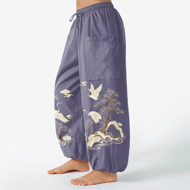 Buddha Stones Pantalones harem de algodón con estampado de grullas orientales y pinos para mujer, con cintura elástica y bolsillos laterales. - image 11