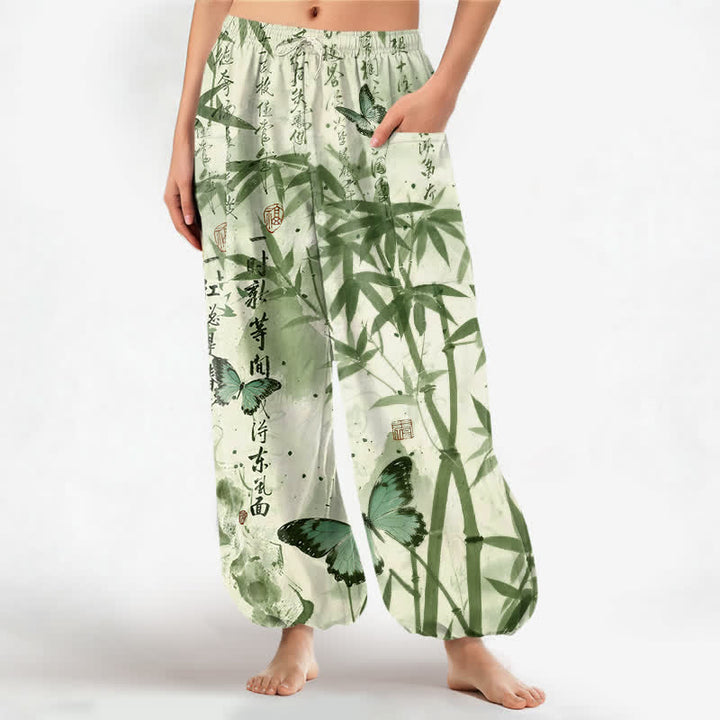 Buddha Stones Pantalones harem de mujer con cintura elástica y bolsillos laterales, estampado de mariposas de bambú y tinta de algodón. - Gotas de miel - US16，UK/AU20，EU48 (3XL) - image 7