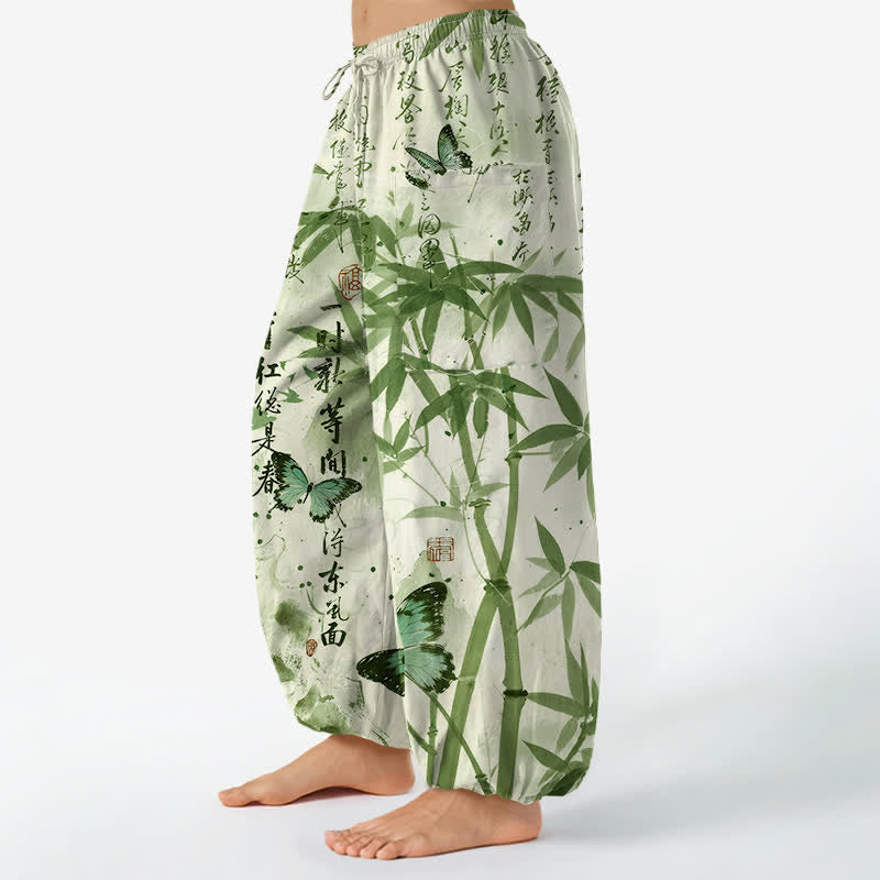 Buddha Stones Pantalones harem de mujer con cintura elástica y bolsillos laterales, estampado de mariposas de bambú y tinta de algodón. - image 8