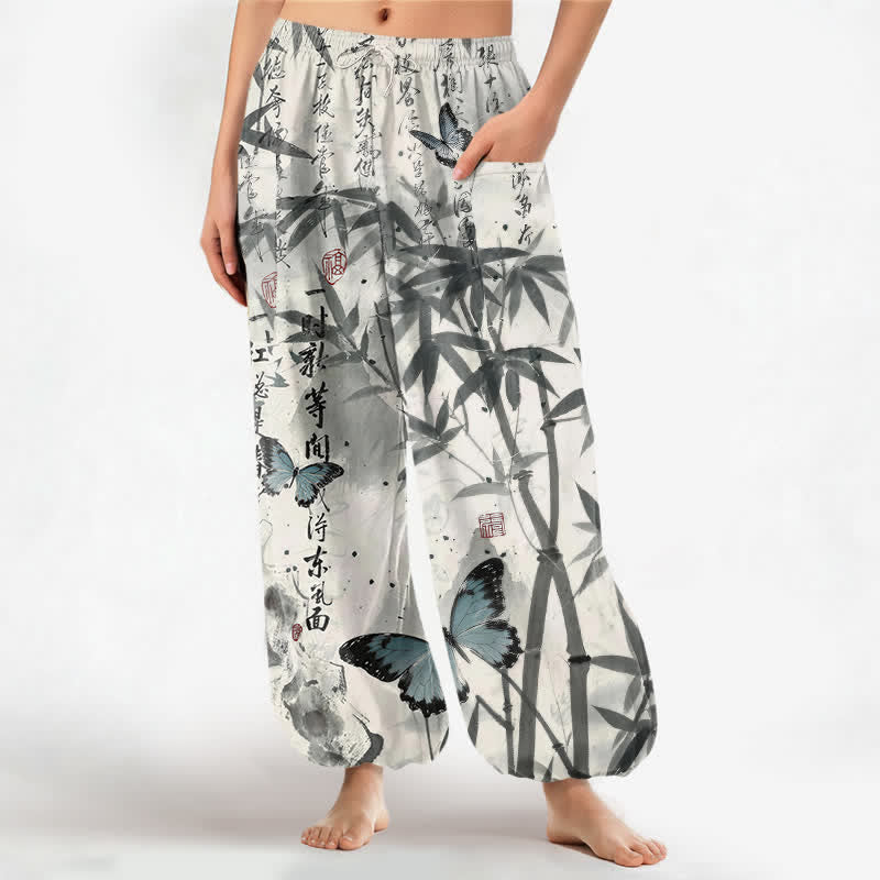 Buddha Stones Pantalones harem de mujer con cintura elástica y bolsillos laterales, estampado de mariposas de bambú y tinta de algodón. - Gris claro - US16，UK/AU20，EU48 (3XL) - image 0