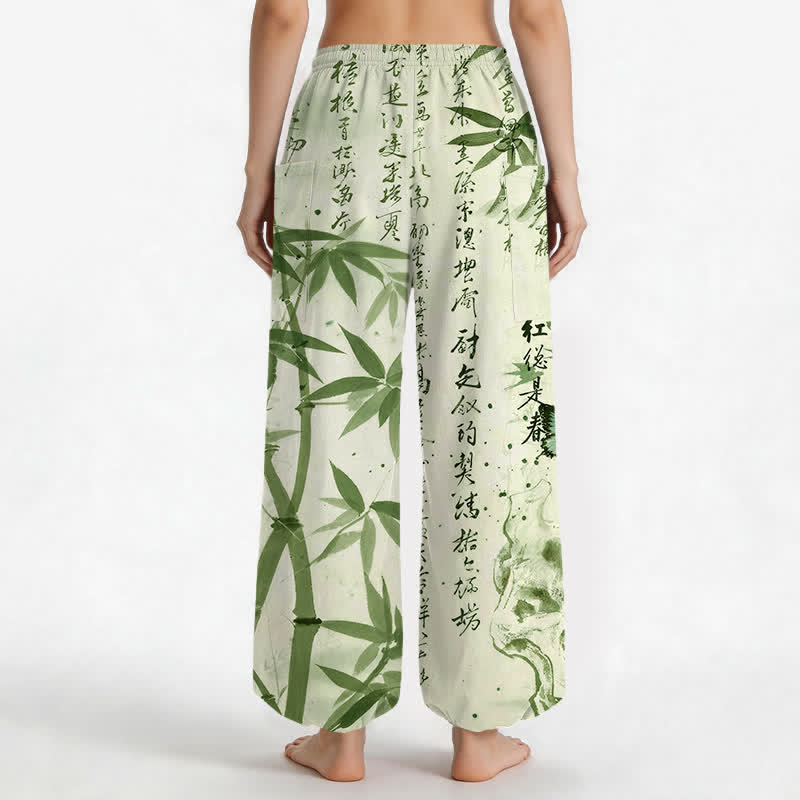 Buddha Stones Pantalones harem de mujer con cintura elástica y bolsillos laterales, estampado de mariposas de bambú y tinta de algodón. - image 9