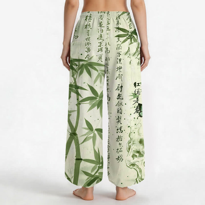 Buddha Stones Pantalones harem de mujer con cintura elástica y bolsillos laterales, estampado de mariposas de bambú y tinta de algodón. - image 9