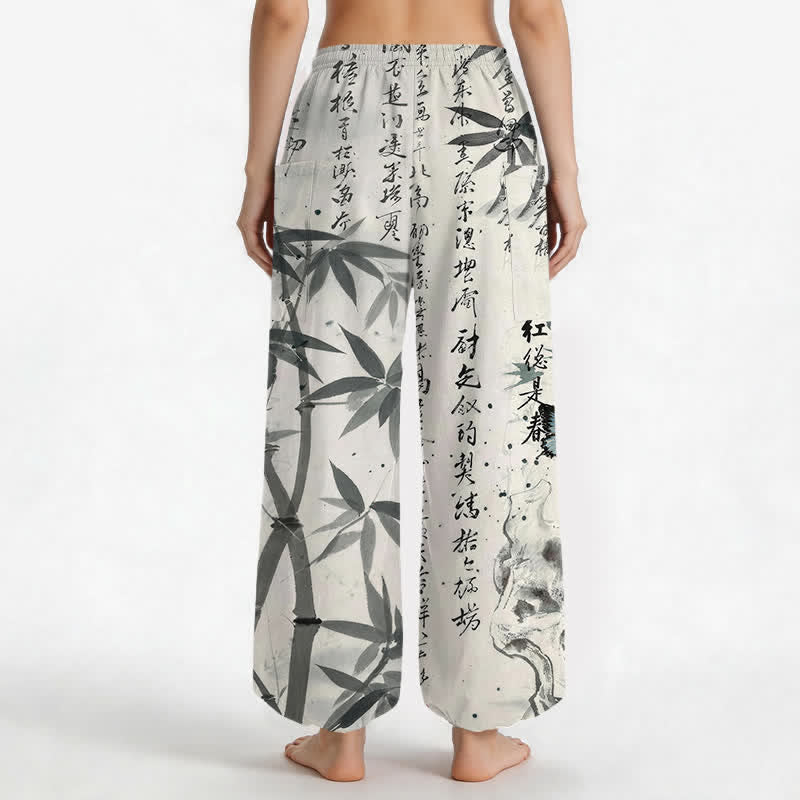 Buddha Stones Pantalones harem de mujer con cintura elástica y bolsillos laterales, estampado de mariposas de bambú y tinta de algodón. - image 2