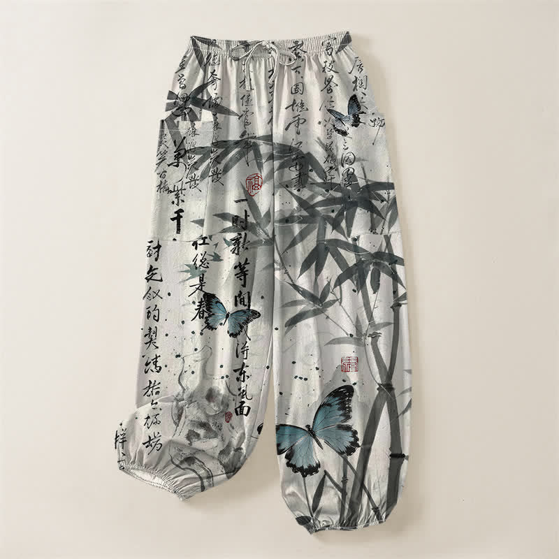Buddha Stones Pantalones harem de mujer con cintura elástica y bolsillos laterales, estampado de mariposas de bambú y tinta de algodón. - image 3