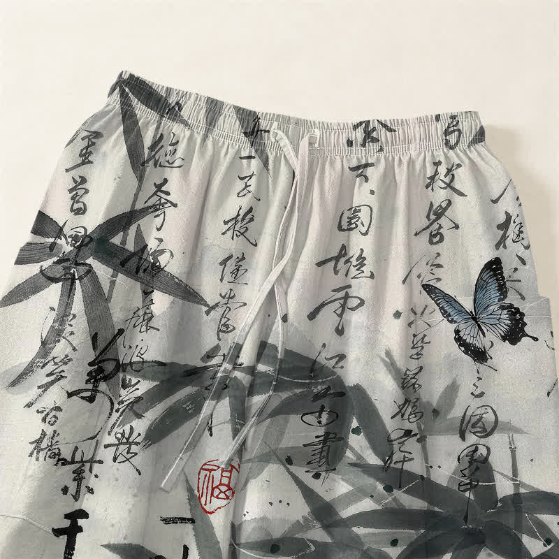 Buddha Stones Pantalones harem de mujer con cintura elástica y bolsillos laterales, estampado de mariposas de bambú y tinta de algodón. - image 5