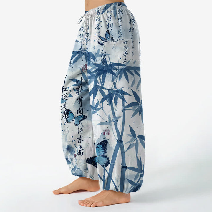 Buddha Stones Pantalones harem de mujer con cintura elástica y bolsillos laterales, estampado de mariposas de bambú y tinta de algodón. - image 11
