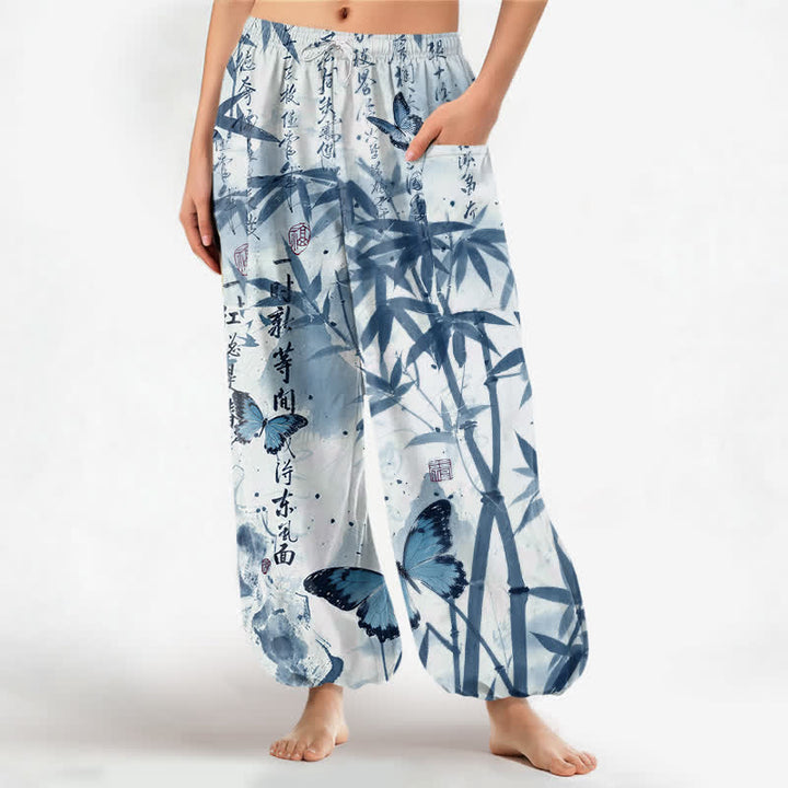 Buddha Stones Pantalones harem de mujer con cintura elástica y bolsillos laterales, estampado de mariposas de bambú y tinta de algodón. - Cian claro - US16，UK/AU20，EU48 (3XL) - image 10
