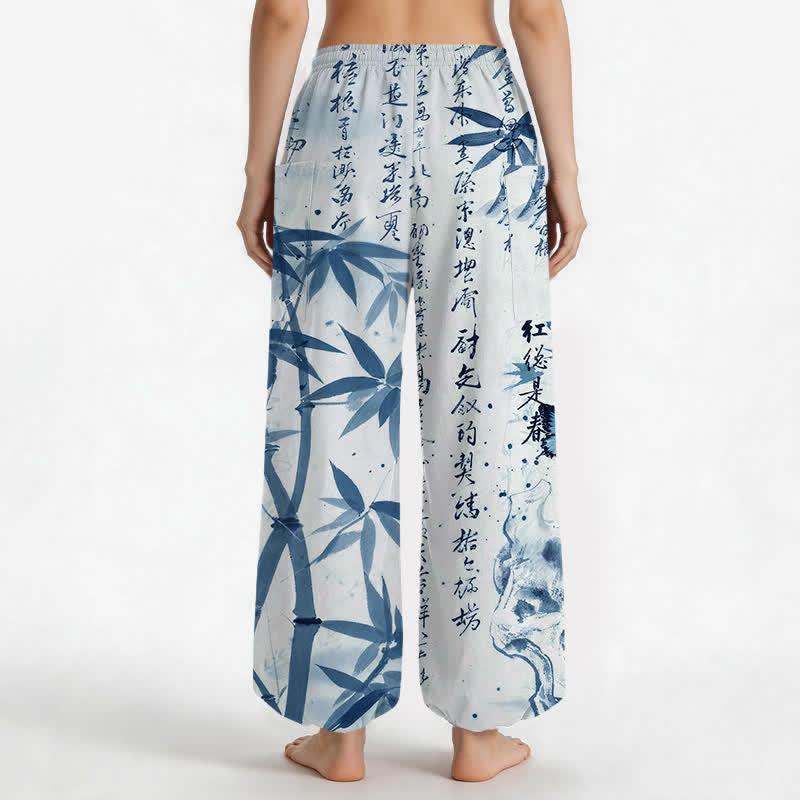 Buddha Stones Pantalones harem de mujer con cintura elástica y bolsillos laterales, estampado de mariposas de bambú y tinta de algodón. - image 12