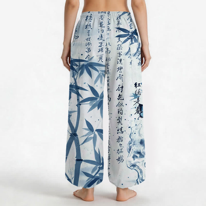 Buddha Stones Pantalones harem de mujer con cintura elástica y bolsillos laterales, estampado de mariposas de bambú y tinta de algodón. - image 12