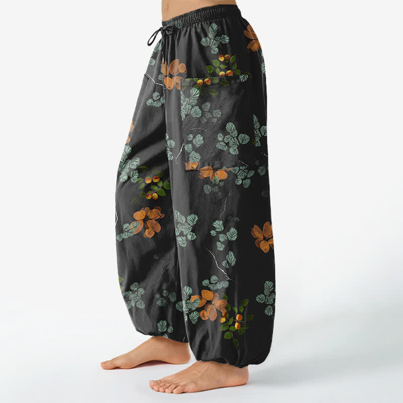 Buddha Stones Pantalones harem de algodón con estampado floral botánico bohemio para mujer, cintura elástica y bolsillos laterales. - image 1