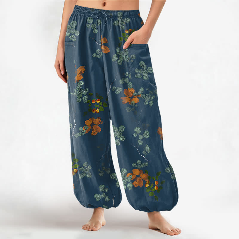 Buddha Stones Pantalones harem de algodón con estampado floral botánico bohemio para mujer, cintura elástica y bolsillos laterales. - Azul acero - US16，UK/AU20，EU48 (3XL) - image 10