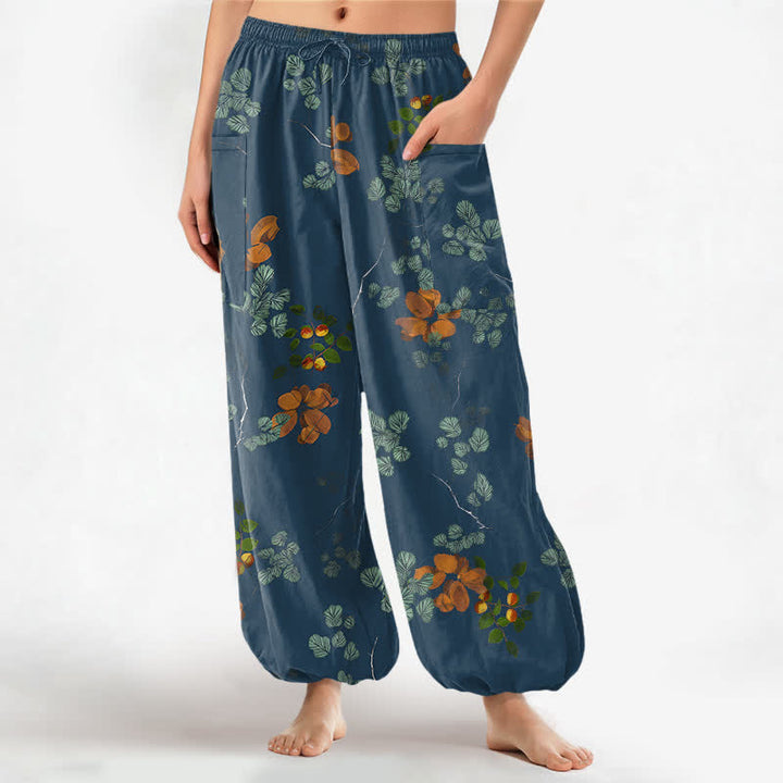 Buddha Stones Pantalones harem de algodón con estampado floral botánico bohemio para mujer, cintura elástica y bolsillos laterales. - Azul acero - US16，UK/AU20，EU48 (3XL) - image 10