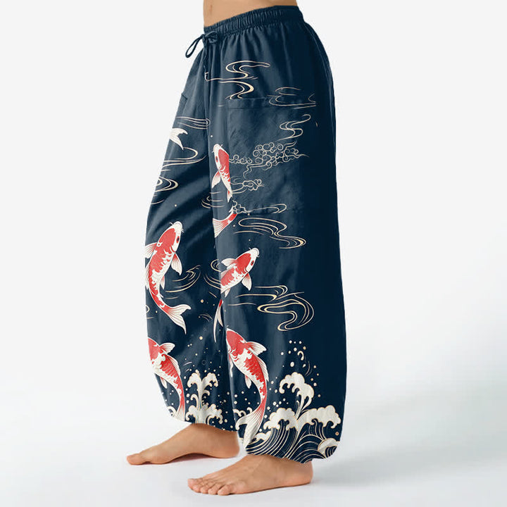Buddha Stones Pantalones harem de algodón con estampado de olas marinas y carpas koi para mujer, con cintura elástica y bolsillos laterales. - image 1