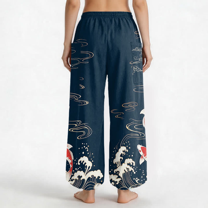 Buddha Stones Pantalones harem de algodón con estampado de olas marinas y carpas koi para mujer, con cintura elástica y bolsillos laterales. - image 2