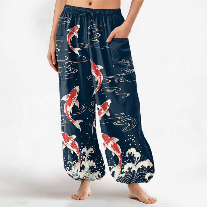 Buddha Stones Pantalones harem de algodón con estampado de olas marinas y carpas koi para mujer, con cintura elástica y bolsillos laterales. - Marina de guerra - US16，UK/AU20，EU48 (3XL) - image 0