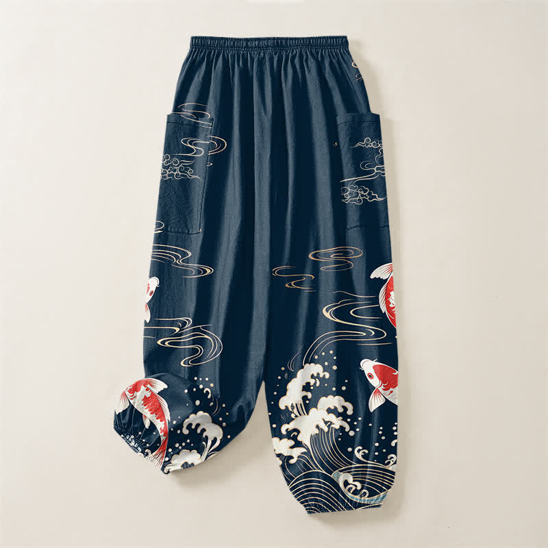 Buddha Stones Pantalones harem de algodón con estampado de olas marinas y carpas koi para mujer, con cintura elástica y bolsillos laterales. - image 4