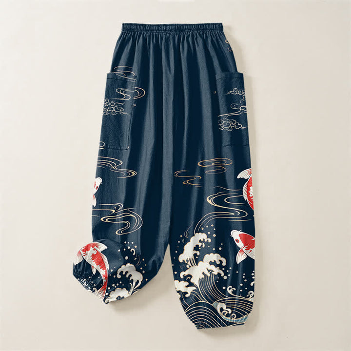 Buddha Stones Pantalones harem de algodón con estampado de olas marinas y carpas koi para mujer, con cintura elástica y bolsillos laterales. - image 4