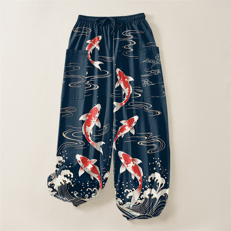 Buddha Stones Pantalones harem de algodón con estampado de olas marinas y carpas koi para mujer, con cintura elástica y bolsillos laterales. - image 3