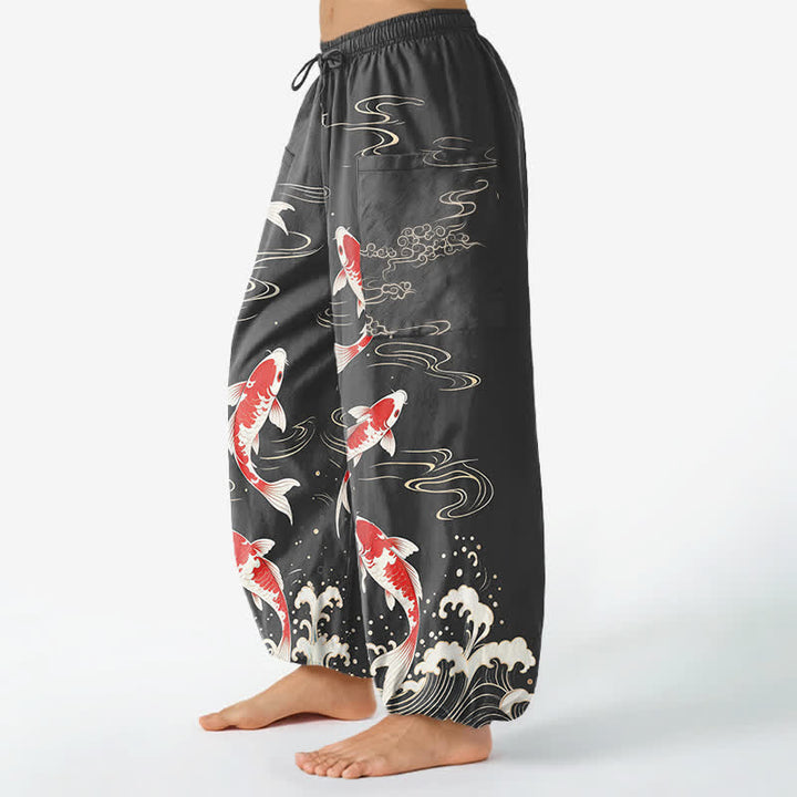 Buddha Stones Pantalones harem de algodón con estampado de olas marinas y carpas koi para mujer, con cintura elástica y bolsillos laterales. - image 8