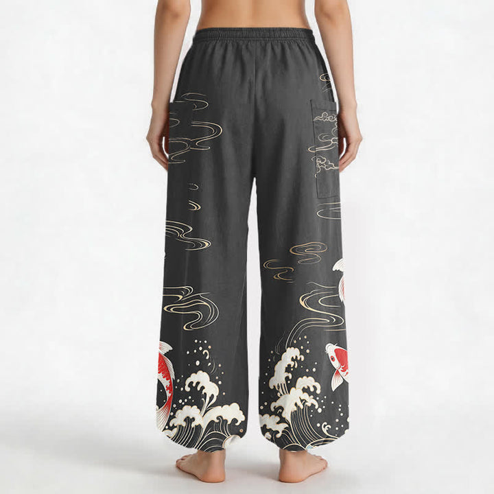 Buddha Stones Pantalones harem de algodón con estampado de olas marinas y carpas koi para mujer, con cintura elástica y bolsillos laterales. - image 9