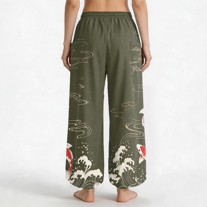 Buddha Stones Pantalones harem de algodón con estampado de olas marinas y carpas koi para mujer, con cintura elástica y bolsillos laterales. - image 12