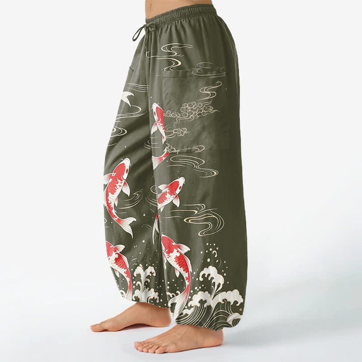 Buddha Stones Pantalones harem de algodón con estampado de olas marinas y carpas koi para mujer, con cintura elástica y bolsillos laterales. - image 11