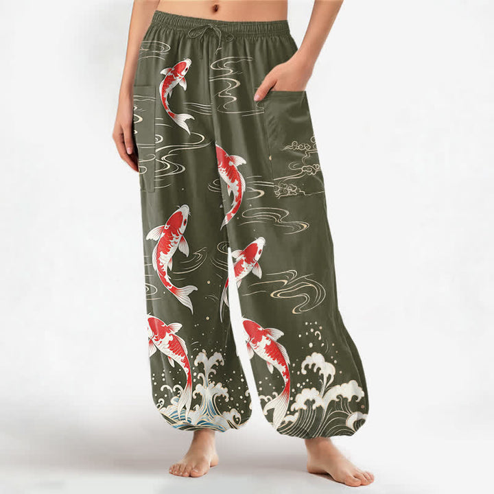 Buddha Stones Pantalones harem de algodón con estampado de olas marinas y carpas koi para mujer, con cintura elástica y bolsillos laterales. - Verde oliva - US16，UK/AU20，EU48 (3XL) - image 10