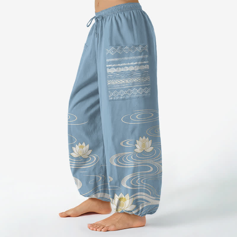 Buddha Stones Pantalones harem de algodón con estampado de ondas de loto y cintura elástica para mujer, con bolsillos laterales. - image 1