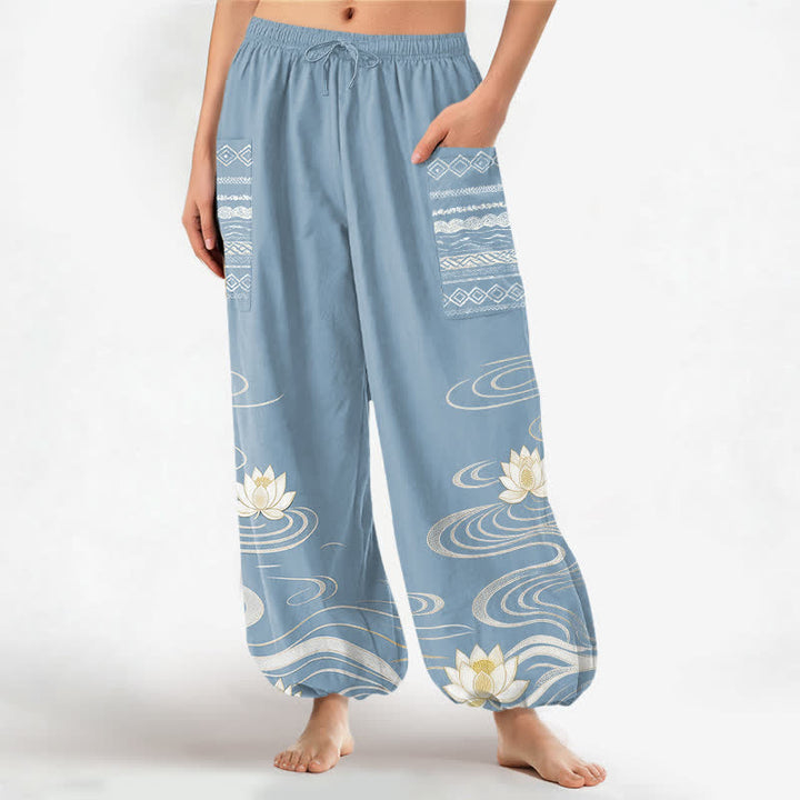 Buddha Stones Pantalones harem de algodón con estampado de ondas de loto y cintura elástica para mujer, con bolsillos laterales. - Azul cielo claro - US16，UK/AU20，EU48 (3XL) - image 0