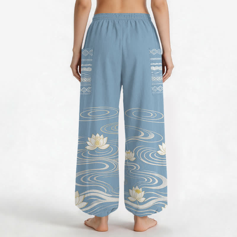 Buddha Stones Pantalones harem de algodón con estampado de ondas de loto y cintura elástica para mujer, con bolsillos laterales. - image 2