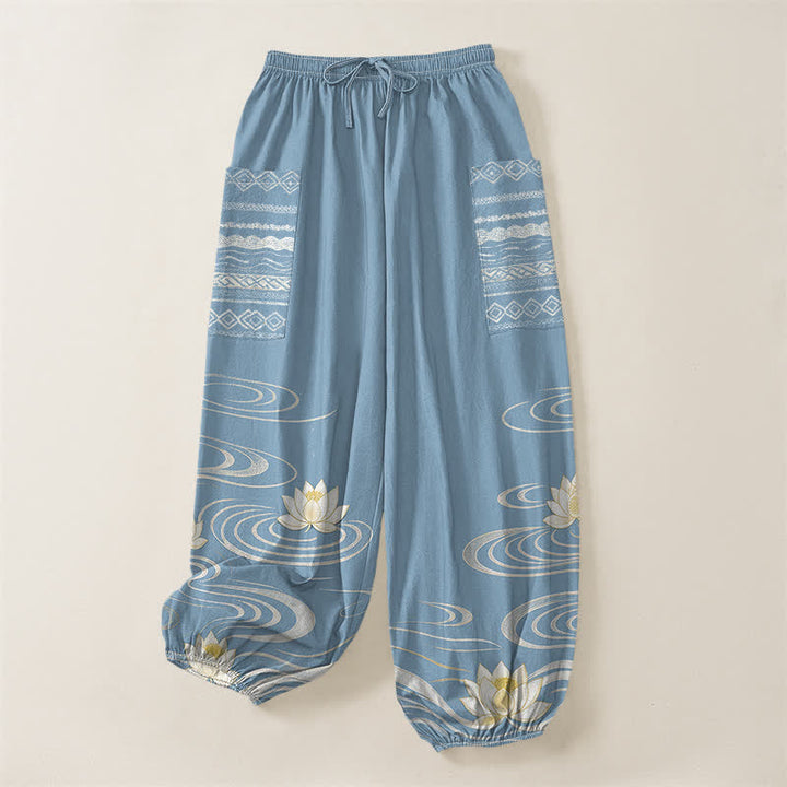 Buddha Stones Pantalones harem de algodón con estampado de ondas de loto y cintura elástica para mujer, con bolsillos laterales. - image 3