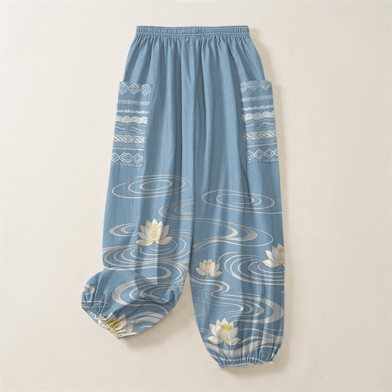 Buddha Stones Pantalones harem de algodón con estampado de ondas de loto y cintura elástica para mujer, con bolsillos laterales. - image 4