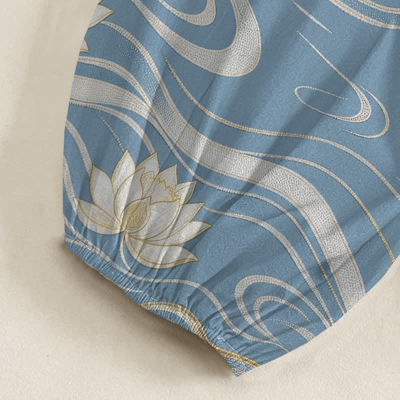 Buddha Stones Pantalones harem de algodón con estampado de ondas de loto y cintura elástica para mujer, con bolsillos laterales. - image 6