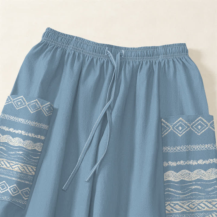 Buddha Stones Pantalones harem de algodón con estampado de ondas de loto y cintura elástica para mujer, con bolsillos laterales. - image 5
