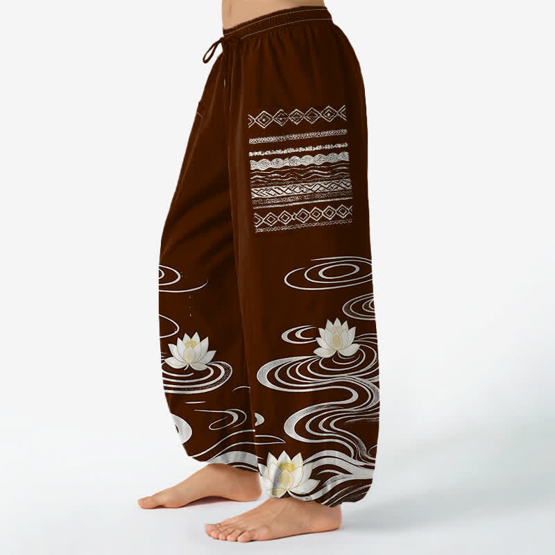 Buddha Stones Pantalones harem de algodón con estampado de ondas de loto y cintura elástica para mujer, con bolsillos laterales. - image 8