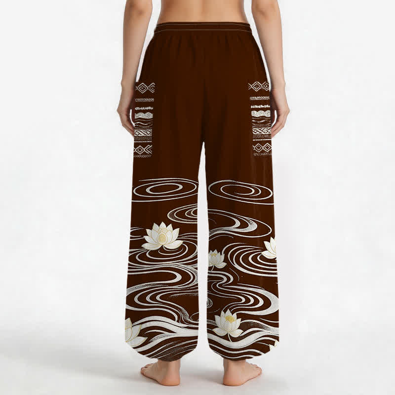 Buddha Stones Pantalones harem de algodón con estampado de ondas de loto y cintura elástica para mujer, con bolsillos laterales. - image 9