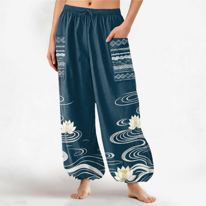 Buddha Stones Pantalones harem de algodón con estampado de ondas de loto y cintura elástica para mujer, con bolsillos laterales. - Verde azulado - US16，UK/AU20，EU48 (3XL) - image 10